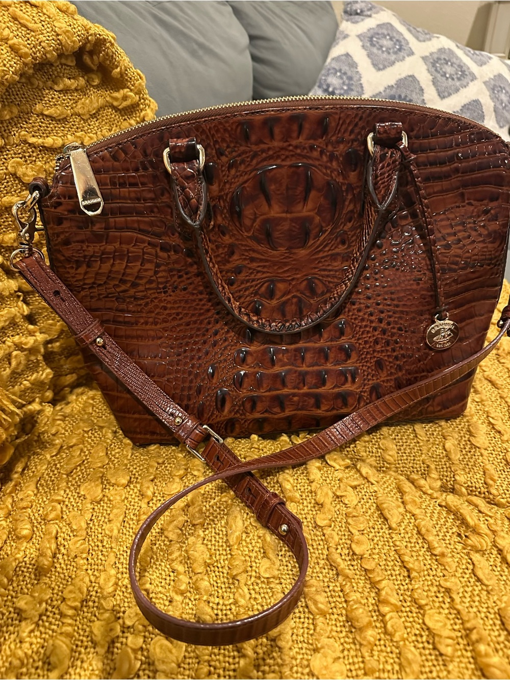 Brahmin Chestnut Croc-Embossed Dome Satchel with Strap
